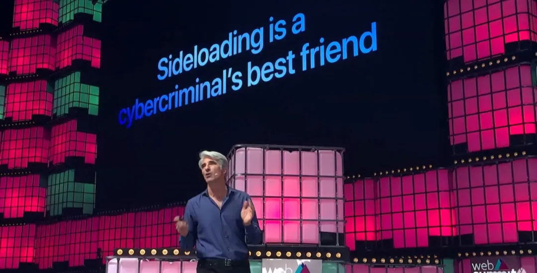 Apple - Sideloading – Craig Federighi sobre sideloading durante a Web Summit 2021. Crédito: Web Summit.