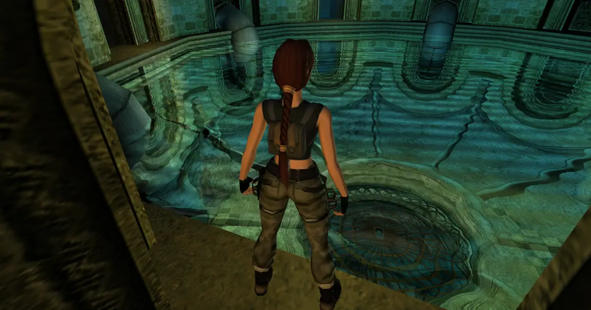 Lara Croft em Tomb Raider, olhando para a água.
