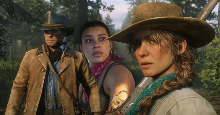 Lucia de (GTA 6), Arthur Morgan e Sadie Adler (Red Dead Redemption 2). Primeira imagem de capa.