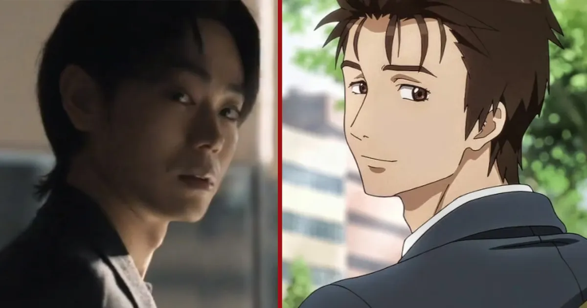 Masaki Suda como Shinichi Izumi (esquerda) e o mesmo personagem no anime (direita).